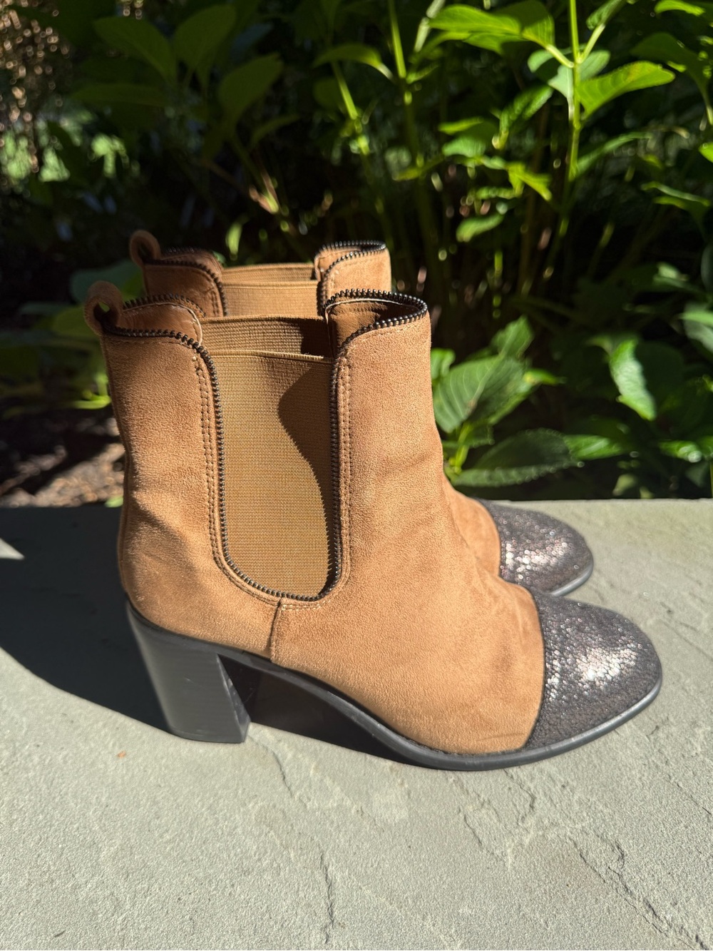 Anthropologie Women's Tan Suede Ankle Boots with Glitter Cap Toe